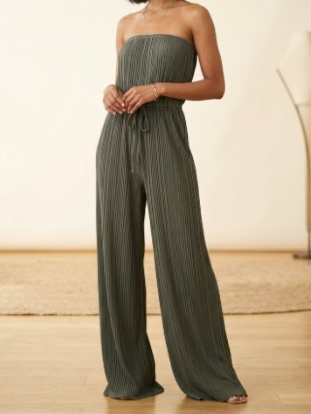 RUE21 OLIVE STRAPLESS FLOWY JUMPSUIT ELASTIC WAIST LARGE